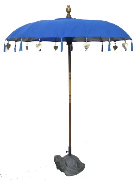 Product image 1 of the product “Bali umbrella, Turquoise with wooden coins and gold leaves hanging around the edge. Approx. 190cm dia. and 250cm height ”